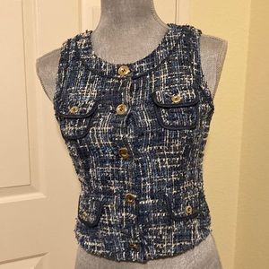 Cache Blue Tweed Button Front Vest with Gold Buttons